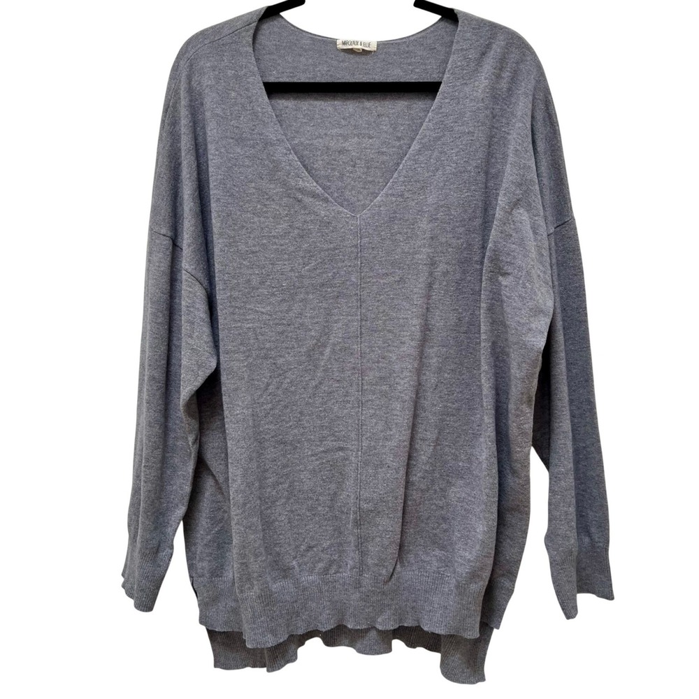 Margeaux & Ellie Gray V-Neck Oversized Knit Sweater Plus Size 3X Drop Shoulder